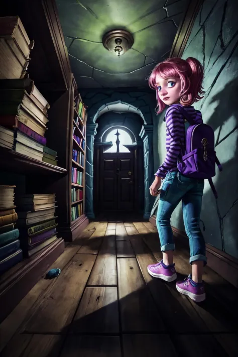 girl scared afraid striped shirt jeans sneakers backpack running through hallway haunted victorian mansion, creepy, night, crack...