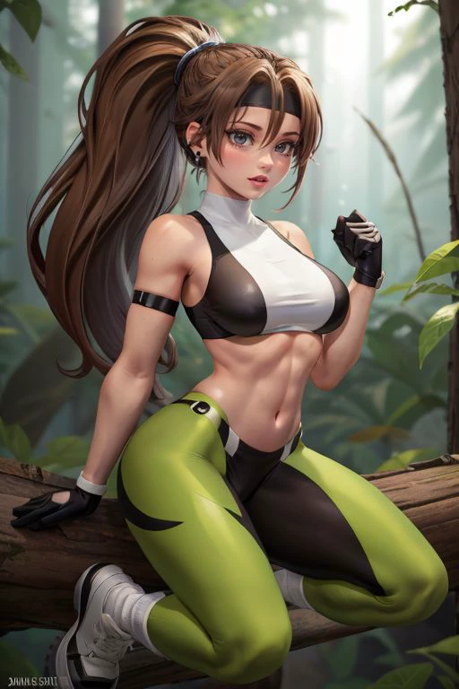 (1girl,3d, photorealistic,masterpiece, best quality), excited, portrait, seductive pose, in a forest,
1girl,gloves, headband, pants, ponytail, green leggings, black gloves, large breasts, long hair, sports bra, earrings, brown hair, midriff, jewelry, white socks,white footwear, rope, navel,white socks,toned
 