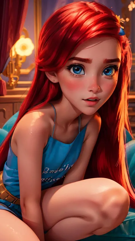 a girl with red hair and blue dress sitting on a bed