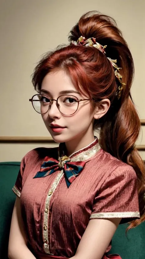 a profesional picture of 1 girl, young girl,small breasts,astetic beauty,  <lora:Mme Jeanne character:0.69> Mme Jeanne, red hair, ponytail, glasses   on midnight , Courteous Bow: Nodding their head in a respectful bow, they exhibit humility and politeness. Their eyes may meet the ground briefly before returning to meet the other person's gaze.  , puzzled  realistic ,perfect quality,best quality,ultrasharp,ultradetailed,perfect quality,masterpiece,intricated details,  focus on character <lora:add_detail:0.4> hotify,