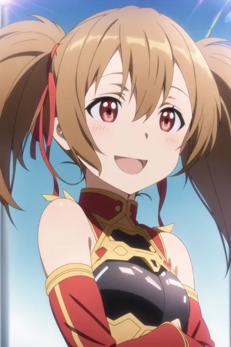 silica, anime art style, 1girl, solo, smile, short_hair, open_mouth, brown_hair, red_eyes, ribbon, hair_between_eyes, bare_shoul...