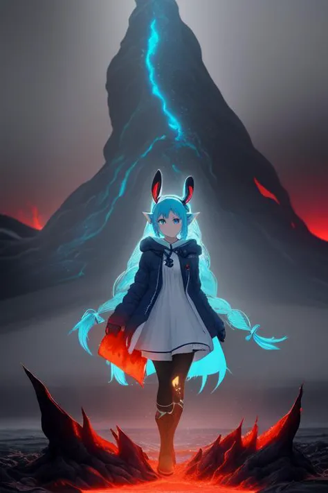 Bunny Small eared elf Miku in white winter dress  with dark blue over coat that is open, black tights, red boots, standing near a  Glowing lava flow in Iceland, large flakes of ash, scared, long braided hair, epic detail, concept art, cinematic lighting, dynamic shadows, (unreal render:.5), 2.5D resolution, bright vivid colors, minimal lens flare and glare