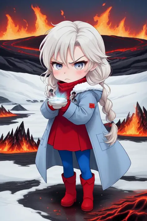 a girl in a red coat and blue pants holding a cup of coffee