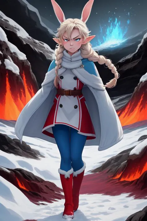 a woman in a blue outfit and red boots stands in the snow