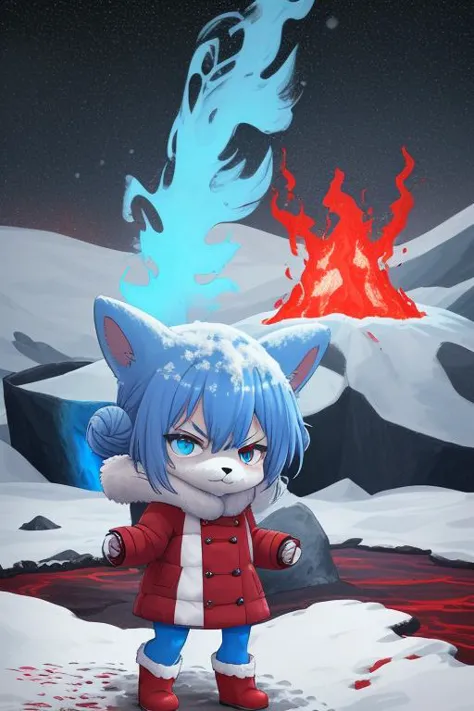 a cartoon cat with blue hair and a red coat standing in front of a mountain