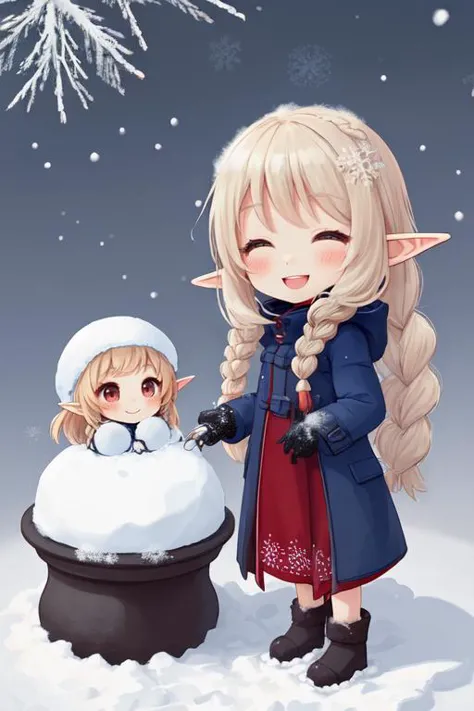 a girl and a boy are standing in the snow next to a pot