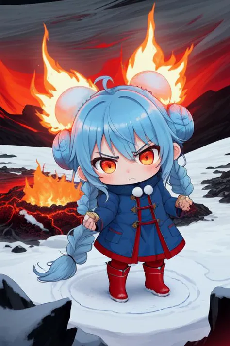 a cartoon girl with blue hair and red eyes standing in front of a fire