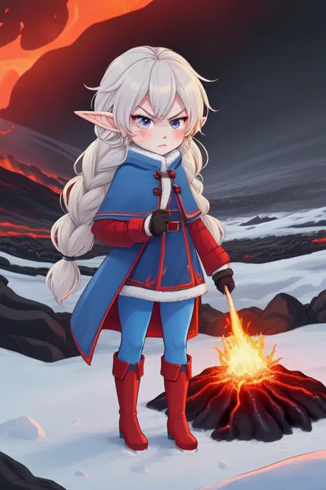 a girl in a blue coat and red boots stands in front of a lava volcano