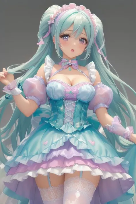 (pastel theme:1.3), masterpiece, best quality, professional detailed photo of (beautiful woman) wearing (pastel sweet fetish Rococo dress, multilayered dress:1.2), (extremely wrinkled glossy fetish fabric:1.3), (perfect face, beautiful face, symmetric face), (lipstick, eyeshadow, mascara), (frills and lace:1.1), (pastel stockings:1.1),