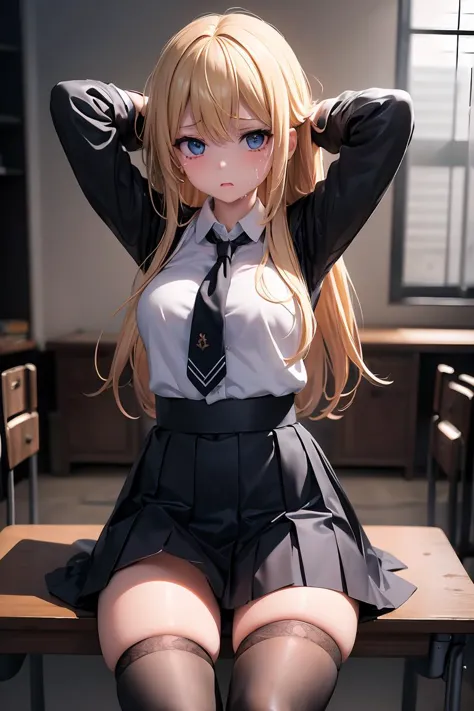 (masterpiece, best quality), 1girl, solo,sitting on a desk, beautiful face, blonde hair, torn clothes, torn legwear, dark school uniform, black thighhighs, moldy room, scared,crying, terrified face, itricate details, tied arms behind head, dark atmosphere, danger,