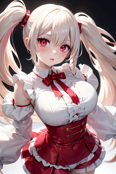 shiny skin, pale skin, glowing red eyes, twintails, platinum blonde hair, wavy hair, frilled shirt collar, frilled sleeves, juliet sleeves, white shirt, white high-waist shorts, red eyeshadow, dynamic pose, dynamic angle, masterpiece, best quality, 1girl,