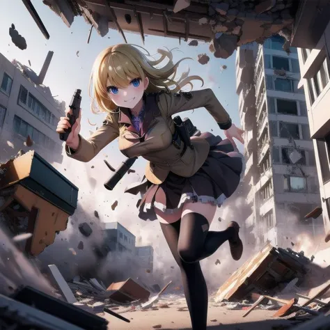 masterpiece, best, quality, ultra detail, evil smile, holding gun, 1girl, debris, fleeing, collapse, (outdoors, looking at viewe...