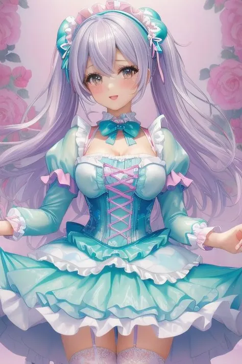 (pastel theme:1.3), masterpiece, best quality, professional detailed photo of (beautiful woman) wearing (pastel sweet fetish Rococo dress, multilayered dress:1.2), (extremely wrinkled glossy fetish fabric:1.3), (perfect face, beautiful face, symmetric face), (lipstick, eyeshadow, mascara), (frills and lace:1.1), (pastel stockings:1.1),