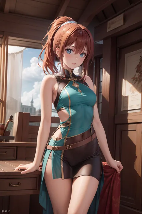 (best quality, highres, HDR, masterpiece:1.1), 1girl, woman, (straightforward philosopher, wearing tunic:1.3), (medium_hair, ponytail:1), (at remote room:1.1), <lora:MAMS:1>,