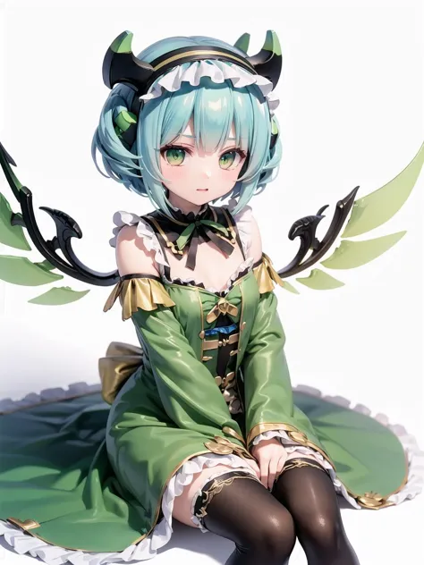 PADastaroth, wings, green hair, hairband, short hair, dress, frills, green eyes, green dress, demon horns,  <lora:PADastaroth:0.8>