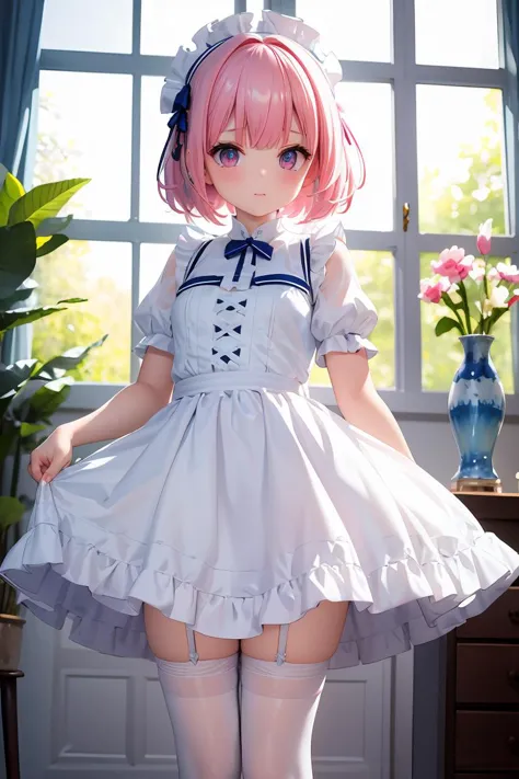 (masterpiece, best quality), 1girl, blue and white frill dress, (white stockings), pink hair, cute face, standing, indoor, intricate detail, sunlight,