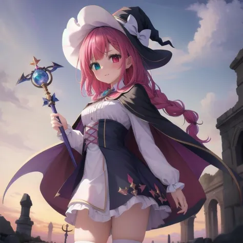 masterpiece, highres, 1girl, witch, witch hat, wide forehead, magical girl, ultra deteiled lace cloth frills, ruins, multicolored hair, Heterochromia, magic stave, staff, cape, {{braid}},