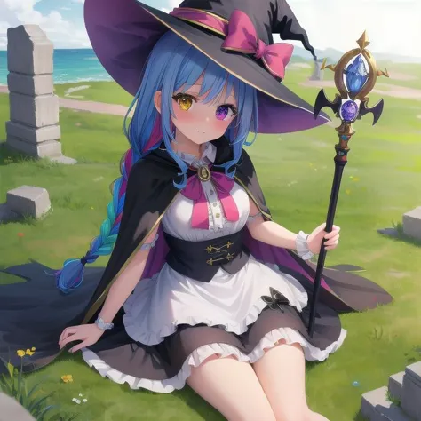 a woman in a witch costume sitting on a grass covered ground