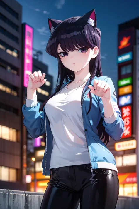 1girl,neon outfit, denim jacket, black shiny pants, tank top, cyberpunk art, upper body, night, neon city, masterpiece, (masterpiece:1.35), looking  at viewer, paw pose, cat ears, <lora:Shoko Komi:0.8> sk