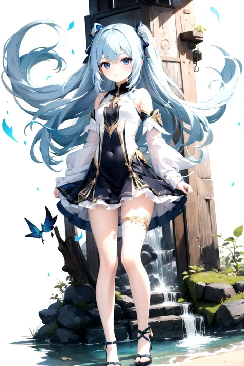 anime girl with blue hair and black dress standing in front of a fountain