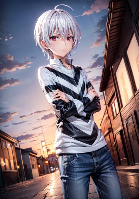 a woman with white hair and a striped shirt standing in a street