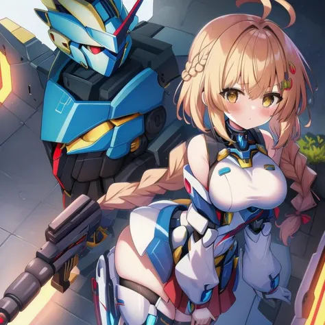 anime girl with a gun and a robot in the background