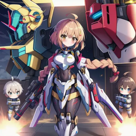 a group of anime characters standing in front of a giant robot