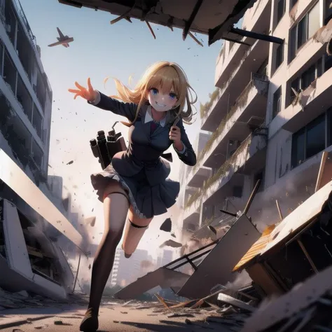 masterpiece, best, quality, ultra detail, evil smile, holding gun, 1girl, debris, fleeing, collapse, (outdoors, looking at viewe...