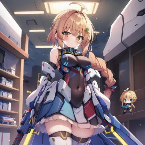 <lora:mecha_girls:1>, masterpiece, highres, 1girl, robot, mecha, science fiction, mechanization, autobot, glowing, pilot suit, weapon, gun, full body, chibi inset, wholesome, family friendly, (braid:1.3), short hair,   mecha musume,