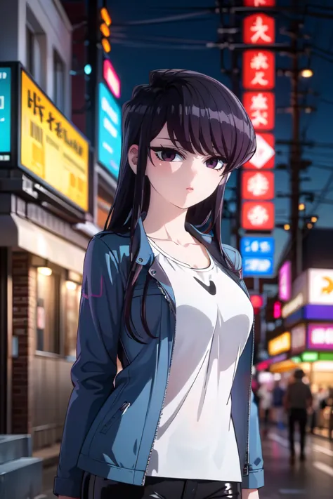 anime girl in a white shirt and black pants standing on a city street