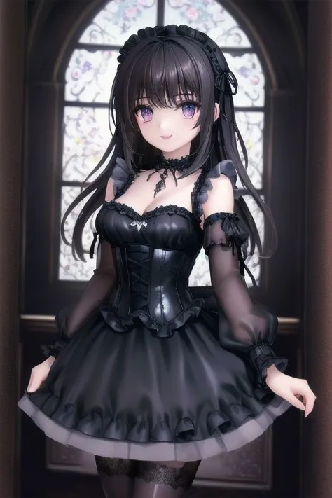 (gothic theme:1.3), masterpiece, best quality, professional detailed photo of (beautiful woman) wearing (dark gothic Rococo dress, multilayered dress:1.2), (extremely wrinkled glossy fabric:1.3), (perfect face, beautiful face, symmetric face), (lipstick, eyeshadow, mascara), (frills and lace:1.1), (gothic stockings:1.1),