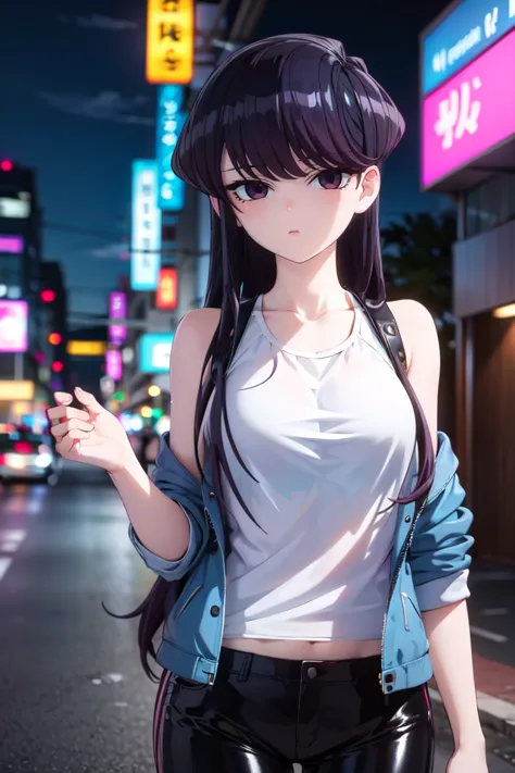 1girl,neon outfit, denim jacket, black shiny pants, tank top, cyberpunk art, upper body, night, neon city, masterpiece, (masterpiece:1.35), looking  at viewer, <lora:Shoko Komi:0.8> sk