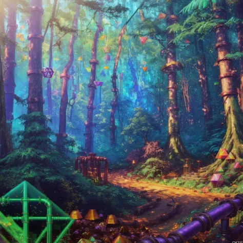 painting of a forest with a path and a forest house