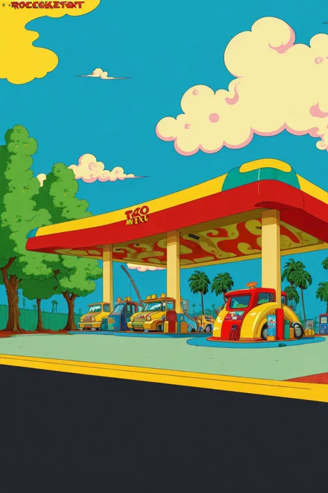 a cartoon gas station with cars parked in front of it