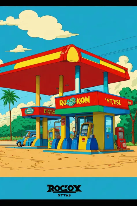 a cartoon picture of a gas station with a gas pump