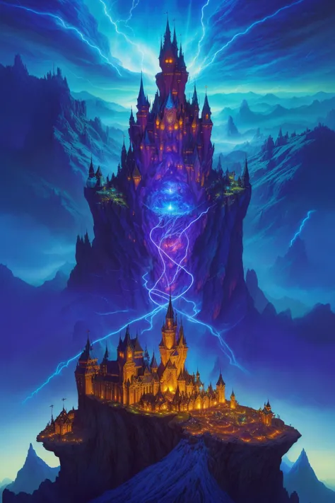 an unfathomably incomprehensibly large magical castle on top of a mountain peak, swirls of geometric light and magic, bats, night, lightning, unfathomable geometry, duncan fegredo, patrick woodroffe, fantasy art, (highly detailed)