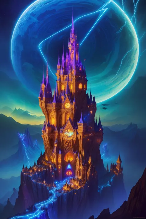 an unfathomably incomprehensibly large magical castle on top of a mountain peak, swirls of geometric light and magic, bats, night, lightning, unfathomable geometry, duncan fegredo, patrick woodroffe, fantasy art, (highly detailed)