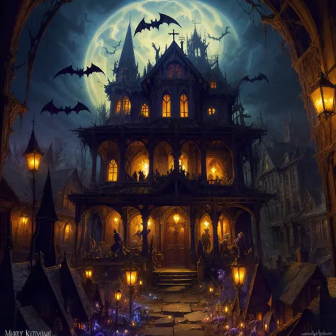 a painting of a creepy house with bats flying around it