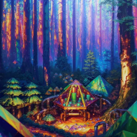 a painting of a forest scene with tents and trees