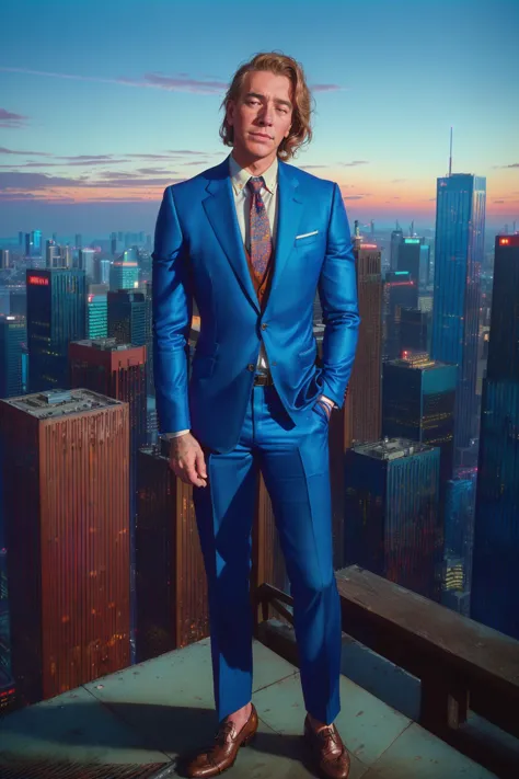 arafed man in a blue suit standing on a ledge in front of a city