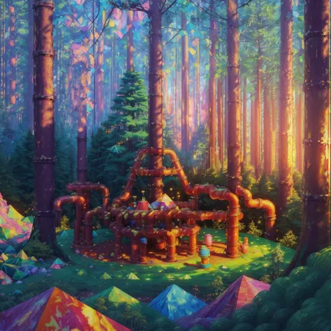 a painting of a forest with tents and tents in the foreground