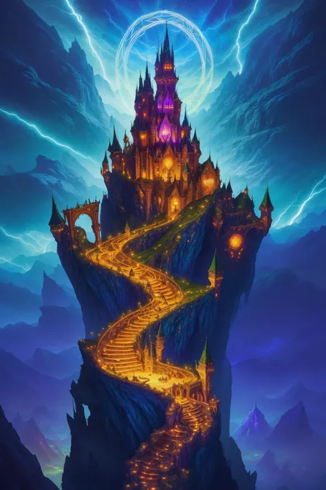 a castle on a cliff with stairs leading to it