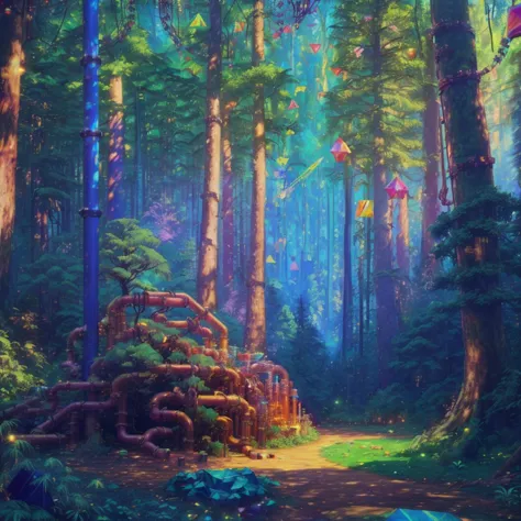 a painting of a forest with a path and a lot of trees