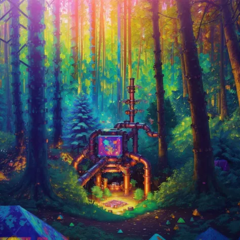 a painting of a house in the middle of a forest