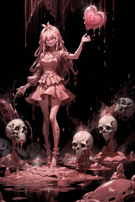 anime girl with a pink dress and a pink heart surrounded by skulls