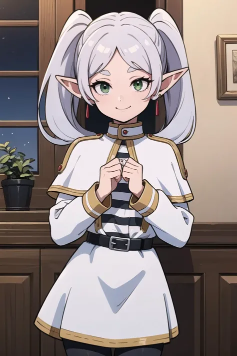 ((masterpiece,best quality)), aafrie, long hair, white hair, twintails, pointy ears, earrings, green eyes, thick eyebrows, white...