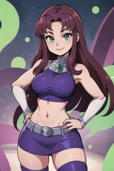 masterpiece, best quality, highres, sf1, midriff, purple skirt, crop top, purple thighhighs, bare shoulders, belt, cowboy shot, hand on hip, smile, dynamic pose,