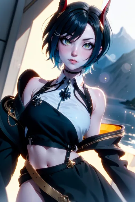 1girl, solo, (cowboy shot:1.2),
ulrich von hutten \(azur lane\), horns, (gold eyes:1.2), (razor cut hair, blue hair, black hair),
(masterpiece, best quality, ultra-detailed), (beautiful detailed face, beautiful detailed eyes, volumetric lighting), 
mksks style, (beautiful fjord, day, :1.5), (lens flare, chromatic aberration),