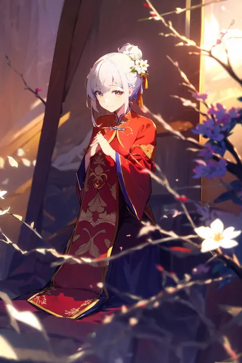 anime girl in red kimono with flowers in her hair