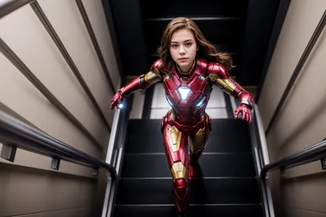 marvel movies,from above,photo of a 18 year old girl,ironman,going up the stairs,putting hand on handrail,happy,ray tracing,deta...